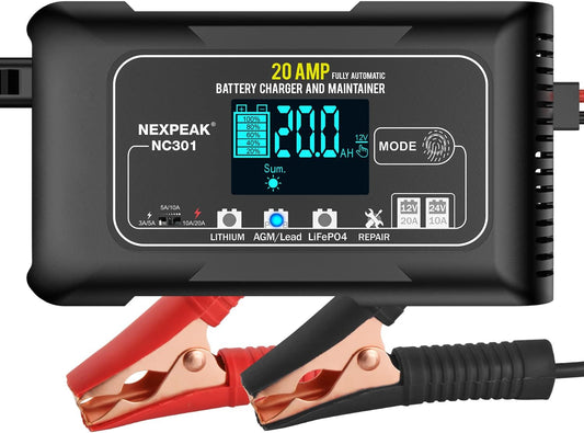 NEXPEAK NC301 20-Amp Car Battery Charger, 12V and 24V Smart Fully Automatic LiFePO4 Lithium Battery Charger Maintainer Trickle Charger w/Temp Compensation for Car Truck Lawn Mower Boat Batteries