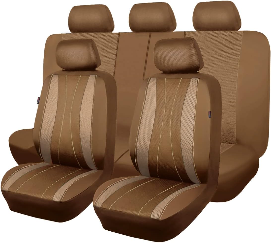Flying Banner car seat Covers Full Set Faux Leather Air Mesh Breathable Man Lady Airbag Compatible Rear Bench Split 40/60 50/50 60/40 Truck Pick Up (Full Set - Low Back, Black Black)