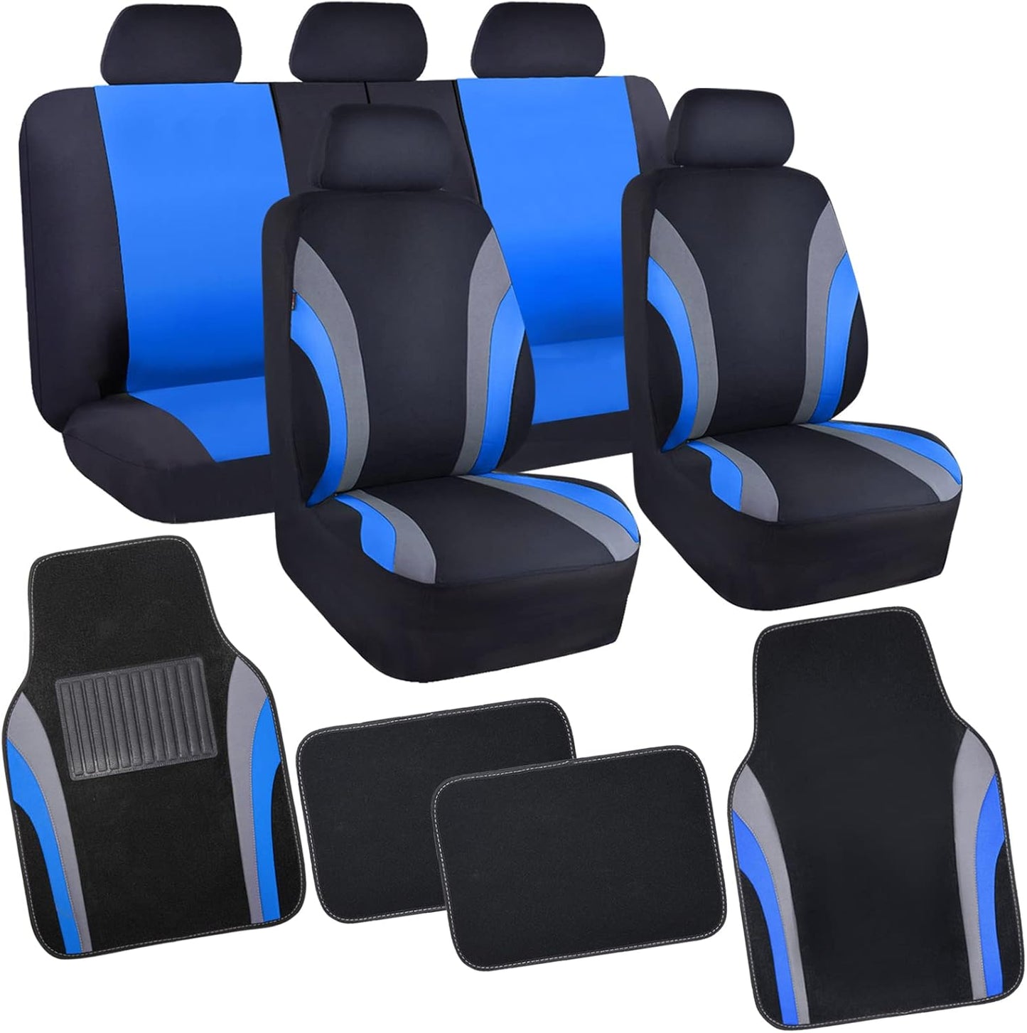 CAR PASS Line Rider Sporty Car Seat Covers Full Set with 4Pcs Waterproof Car Floor Mats Universal Fit Airbag Compatible Automotive Interior Covers for Trucks,Vans,SUV (Combo Set, Black & Purple)