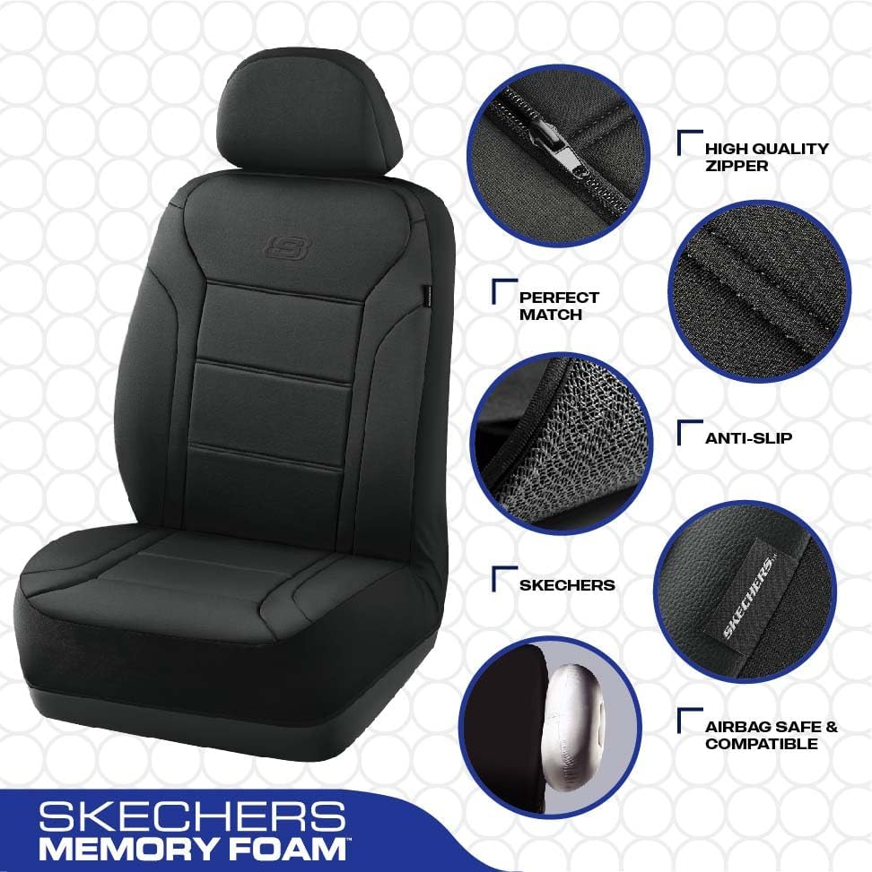 Skechers Memory Foam Car Seat Covers, Slip-ins Lycra Thick Seat Cover,Front Seat Covers Airbag Compatible, Automotive Comfort Protection for Most Cars,Trucks, SUVs, Black
