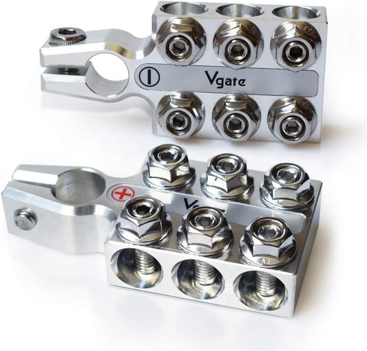 Vgate Car Lead Acid Battery Terminal Clamps, 8AWG up to 4/0(XL) AWG Gauge, 12-Way Connectors, Positive and Negative (+/-)(Pair) for SAE/DIN/EN Tapered Top Post