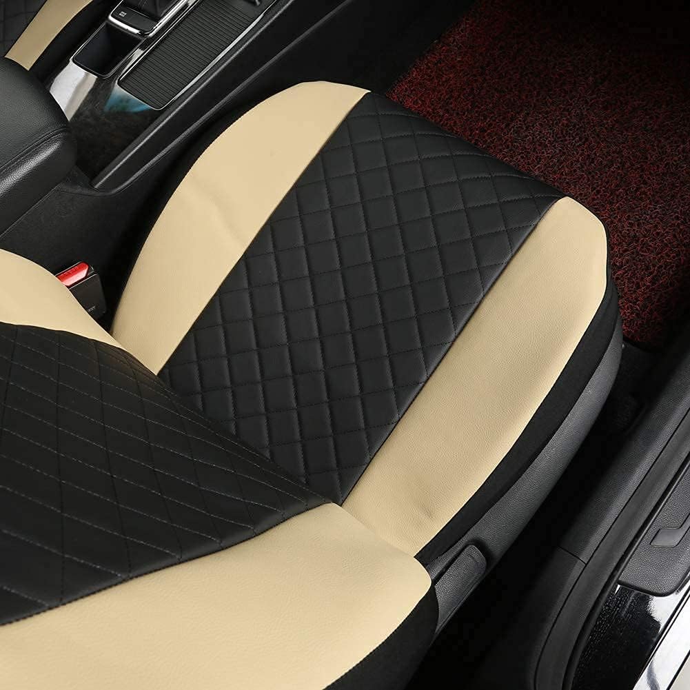 GIANT PANDA High Back Car Seat Covers Leather Universal Fit Most Car, Pickup, SUV, and Minivan, PU and Fabric Stitching Seat Covers, Airbag Compatible (Black + Beige)
