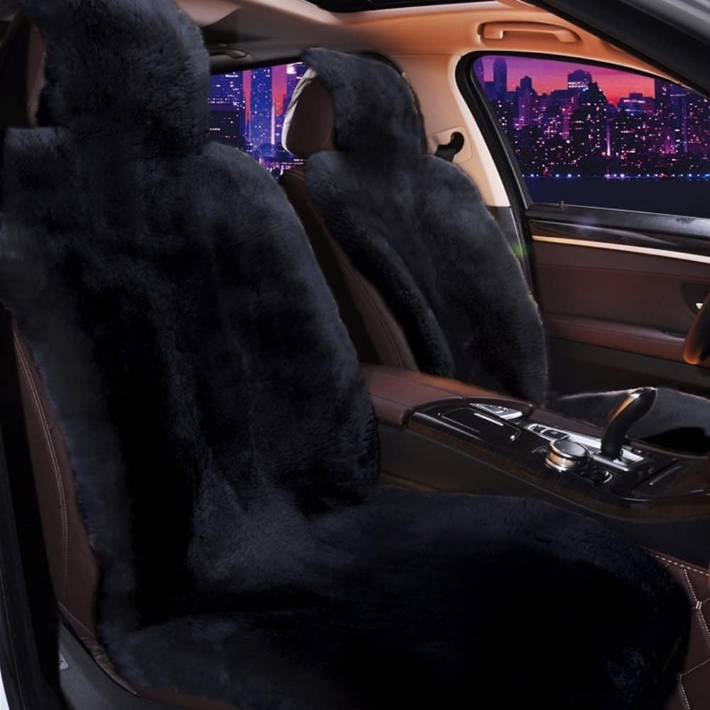 Altlue Real Sheepskin Seat Covers for Cars, SUV, Trucks, Van, RV - Front Seats Auto Covers, Fuzzy Fleece Fur, Universal Black (1 Piece)