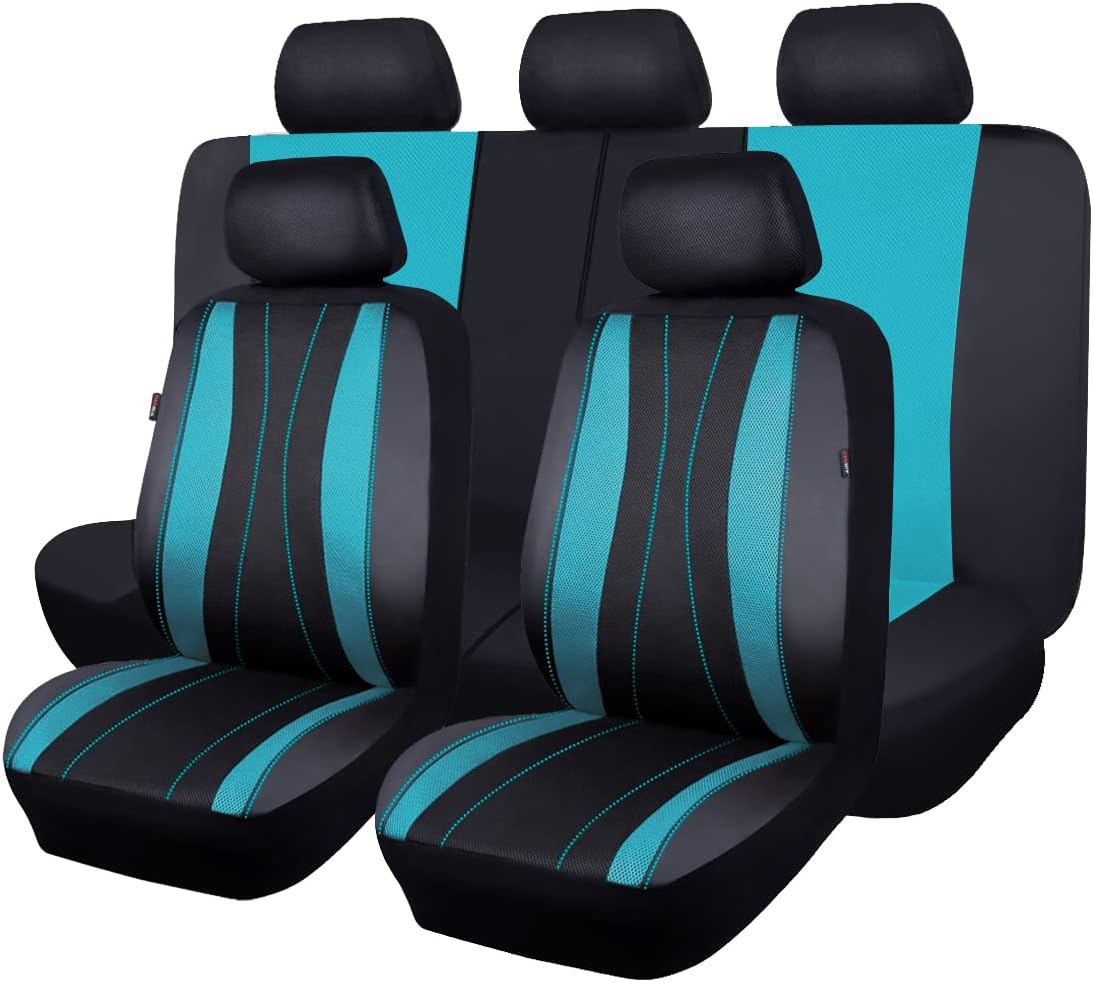 Flying Banner car seat Covers Full Set Faux Leather Air Mesh Breathable Man Lady Airbag Compatible Rear Bench Split 40/60 50/50 60/40 Truck Pick Up (Full Set - Low Back, Black Black)