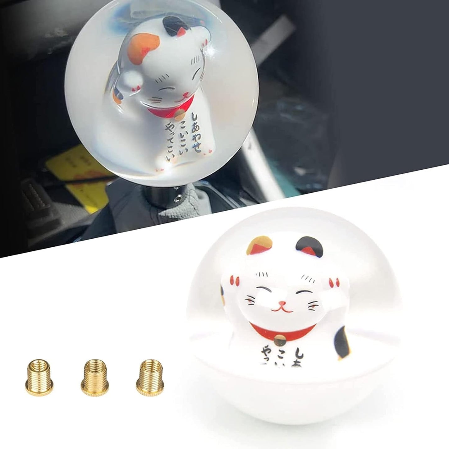 RYANSTAR Universal Acrylic Shift Head Cute Fortune Lucky Cat Round Ball Shift Knob Manual Gear with 3 Thread Adapters M12X1.25 M10X1.5 M10X1.25 M8x1.25 Adapter for Car Repair Refit