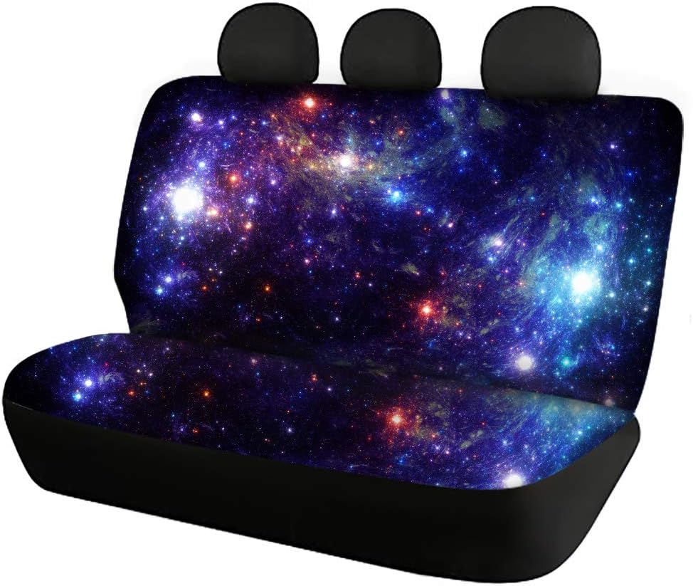 Belidome Blue Galaxy Starry Sky Pattern Car Seat Covers for Front Back Full Set Seatbelt Pads Steering Wheel Protector Armrest Cover, 8 Pieces