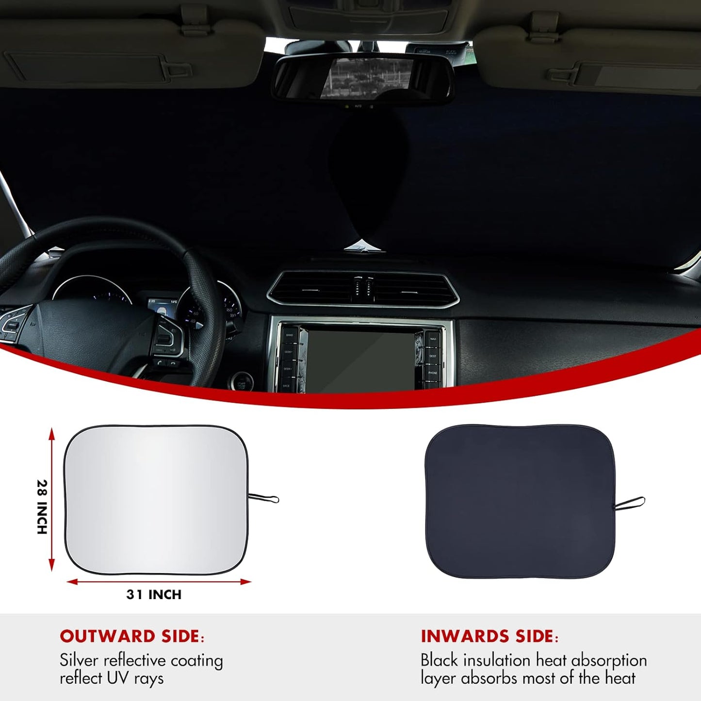 Vepagoo 2-Piece Car Windshield Sun Shade Cover, Auto Sun Shield Heat Protector for Front Window with Storage Bag, Car Sunscreen UV Reflector Protect Dashboard 28x31 inches