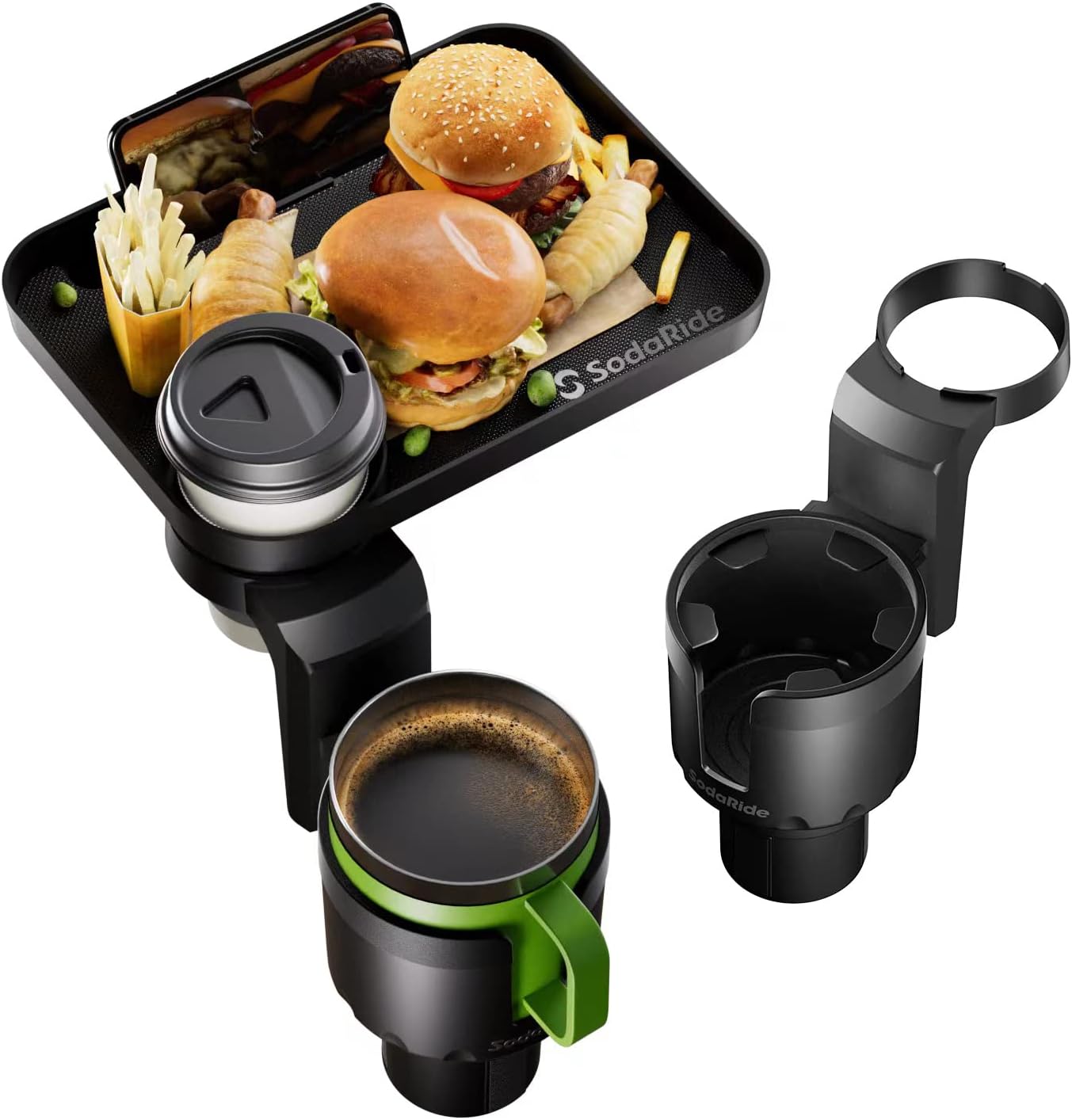 SodaRide Car Cup Holder Expander Large Size Detachable Food Tray, 1 for 3 Drink Holder Adapter with Solid Base - Fits Yeti, Hydro Flask, Nalgene, 32/40 oz, Road Trip Essential Car Travel Accessories