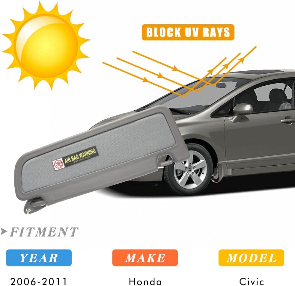 Left Driver Side & Right Passenger Side Sun Visor Replacement for 2006 2007 2008 2009 2010 2011 Honda Civic EX LX Sedan SI Coupe 83280-SNA-A01ZA 83230-SNA-A01ZA Sun Visor Assembly (Atlas Gray)