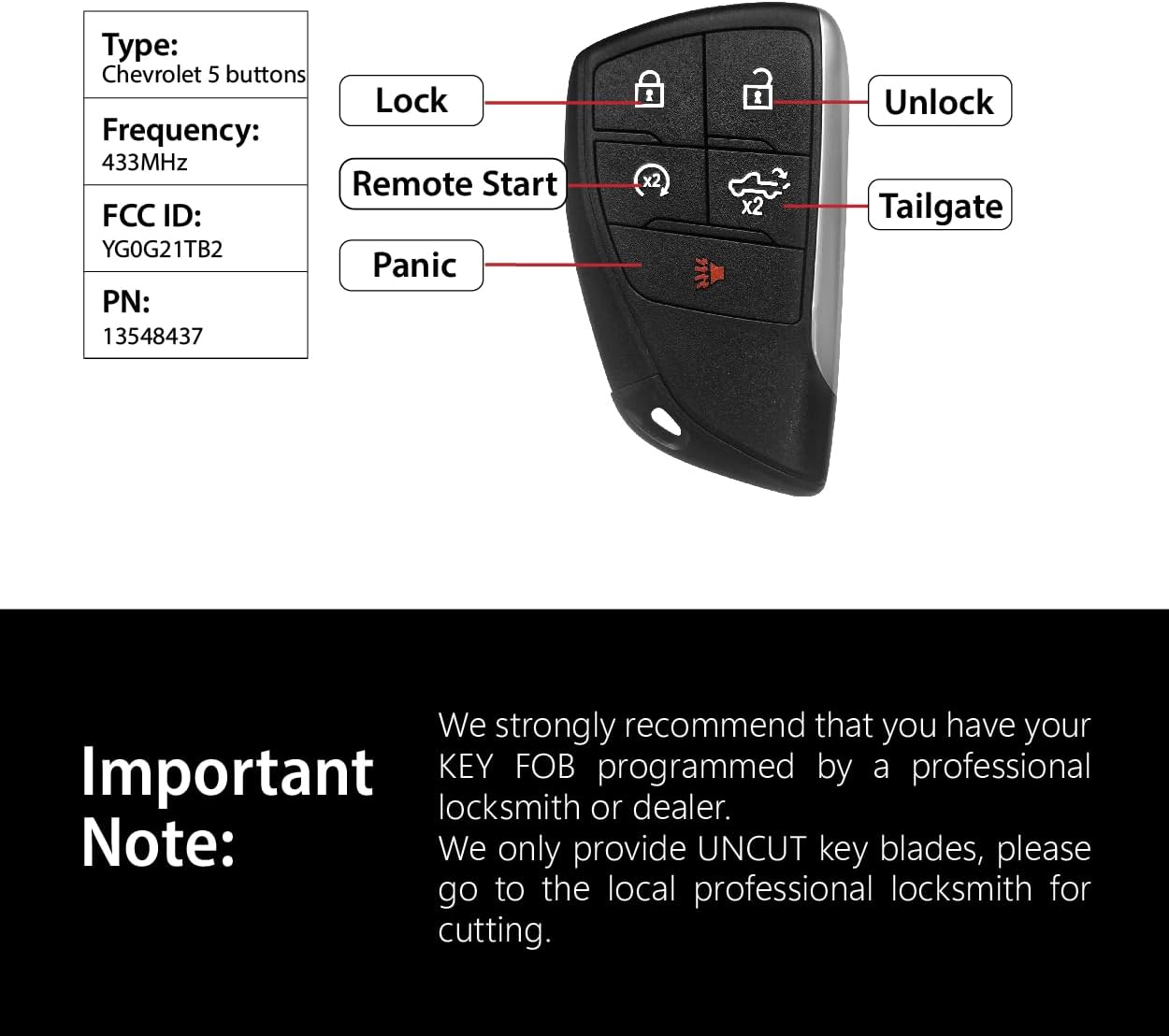 Keylessbest Key Fob Remote Replacement for 2021 2022 2023 2024 Chevrolet Silverado 5 Buttons 433MHz YG0G21TB2,Black