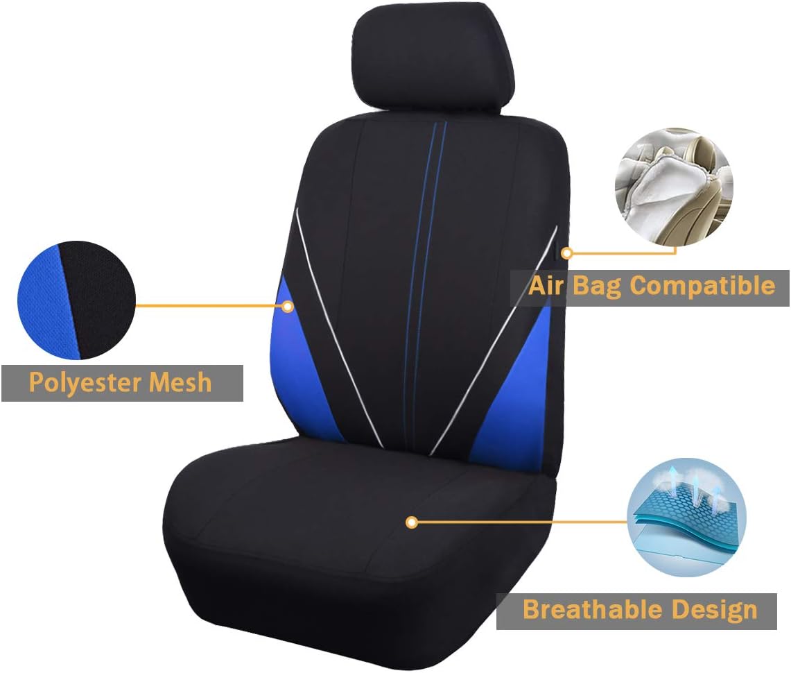 Flying Banner car seat Covers Fashion Sporty Full Set Pipping Front Rear Bench Protectors Rear Bench Split 40/60 50/50 60/40 Easy Installation (Blue Black)