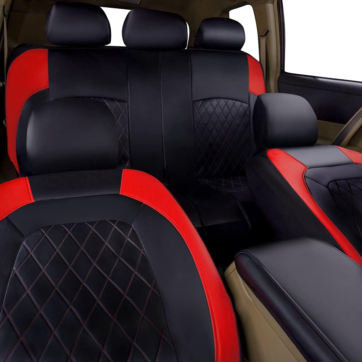 Horse Kingdom Universal Deluxe Pu Luxury Vinyl Car Seat Covers Full Set, Airbag Compatible, Breathable, Fit for Cars, Trucks, SUVs(Black with Red)
