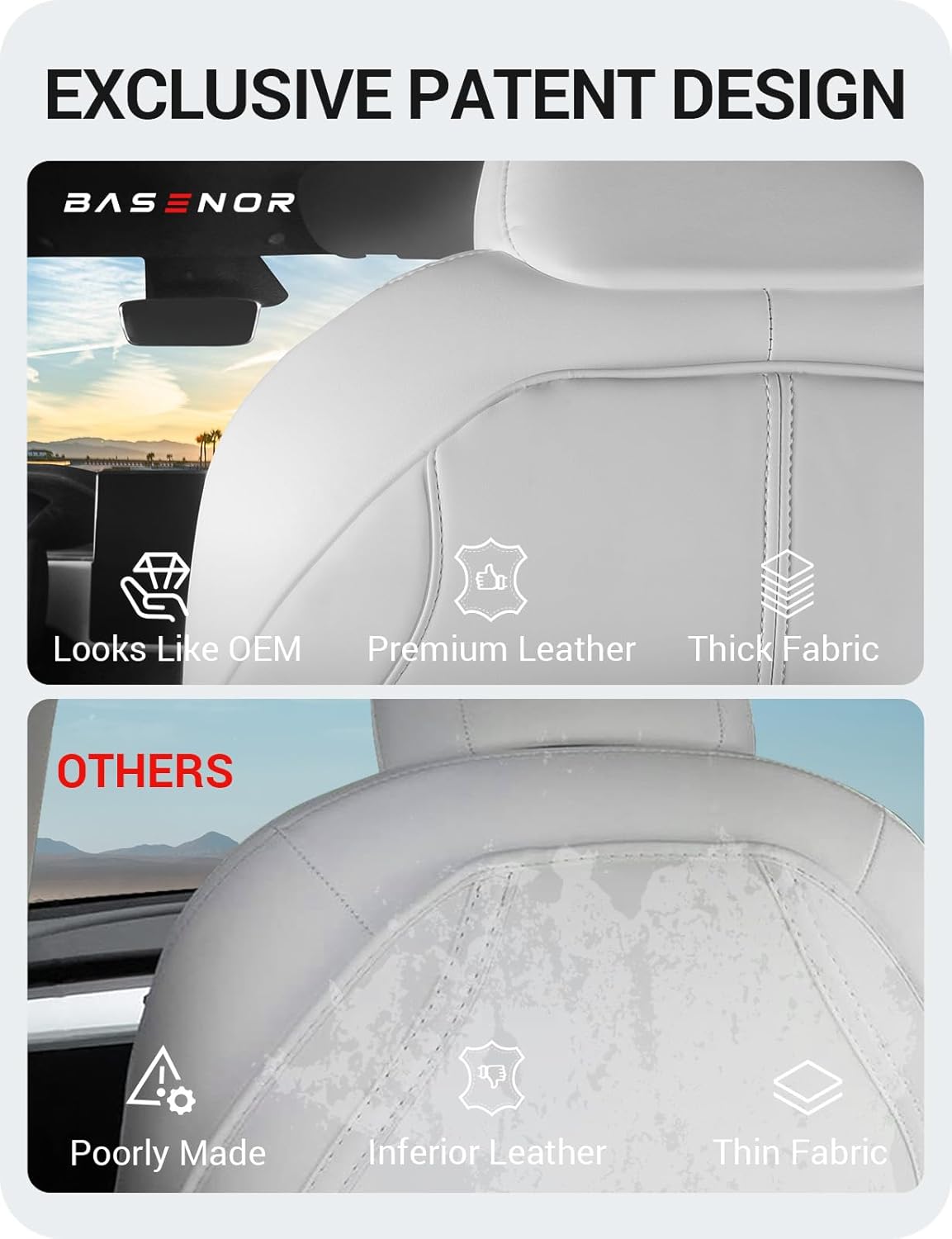 BASENOR 2025 2026 Upgraded Tesla Model 3/Y/S/X Leather Seat Back Kick Protector, Backseat Mats for Kids (Extra Organizer Pocket) Waterproof Scratchproof Resistant Protection White (Set of 2)