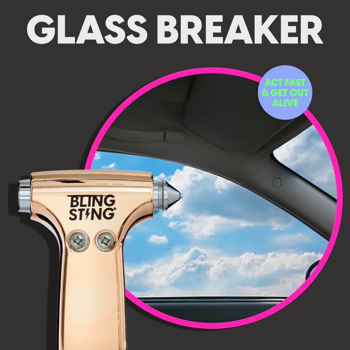 BLINGSTING Rose Gold Glammer Safety Hammer - Auto Glass Window Breaker and Seat Belt Cutter Emergency Escape Tool for Women's Safety, Child Safety, Family Rescue in Vehicle Roadside Emergency