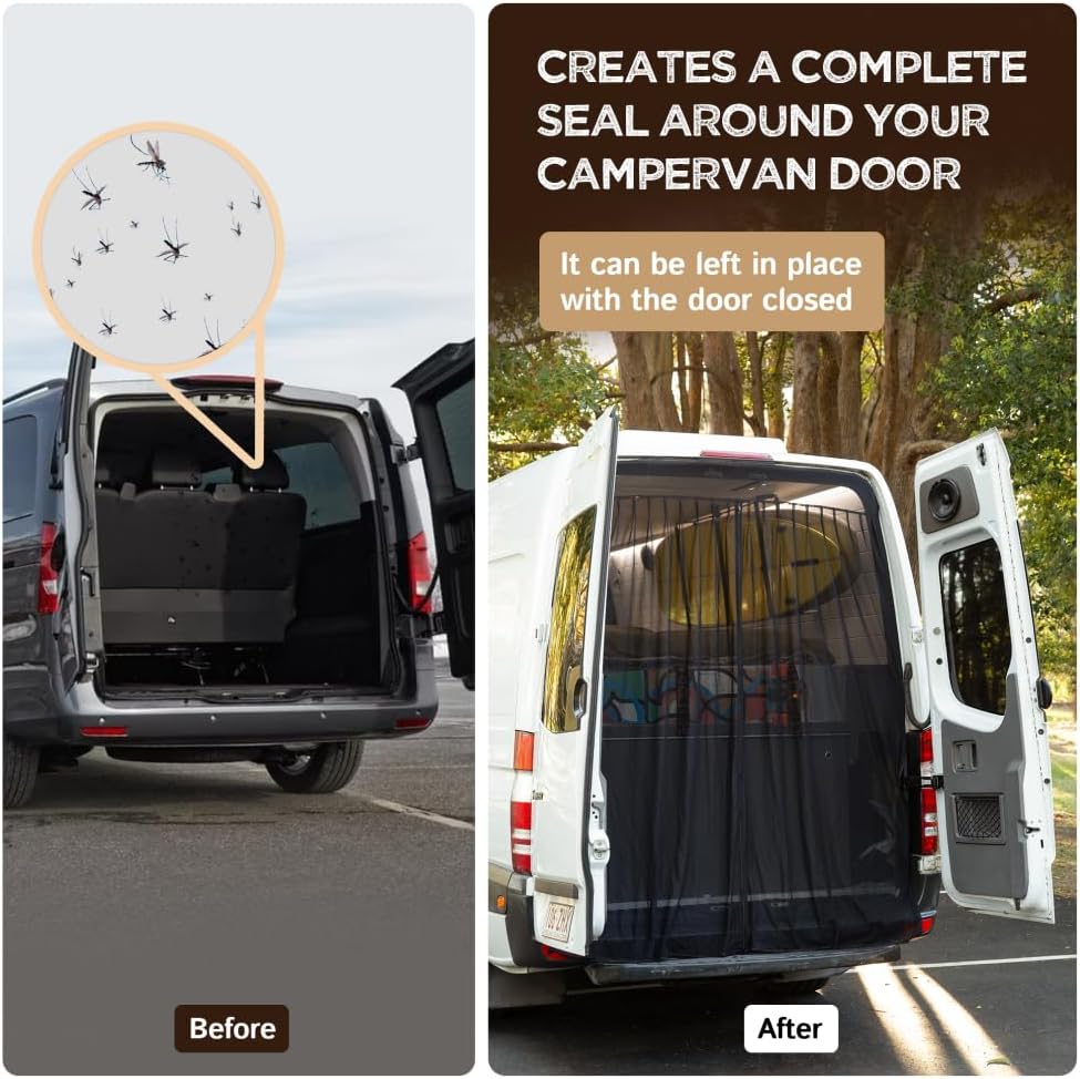 Living in a Bubble Van Bug Screen for Standard Roof Mercedes Benz Sprinter and Ford Transit, Universal Size Rear Door Flyscreen Mosquito Net, Center Zipper Closure