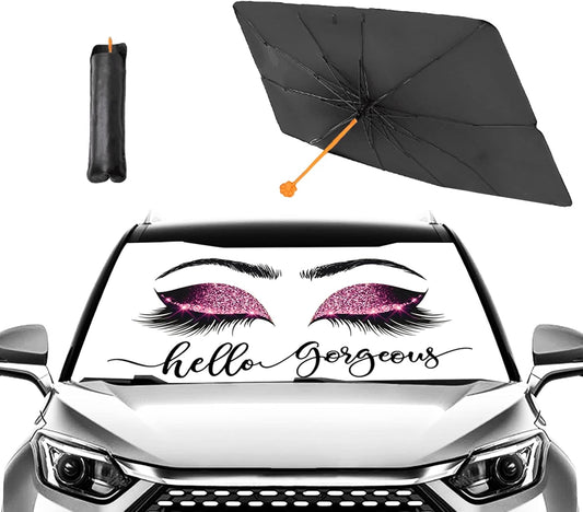 CHILL·TEK Pink Eyelash Car Windshield Umbrella, Hello Gorgeous Sun Shade Umbrellas for Car Front Window, Block UV Rays Foldable Windshield Umbrella Sun Visor Protector-Keep Car Cool for Most Vehicles
