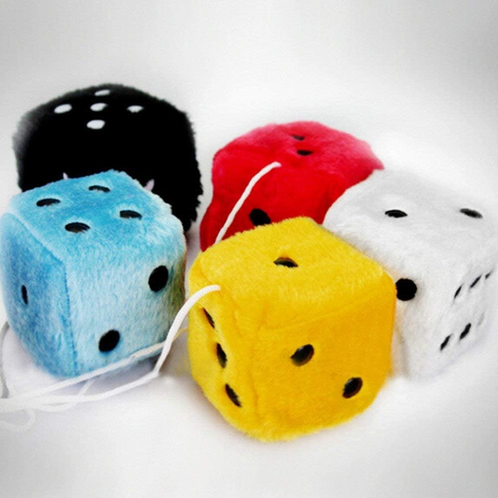 Giveme5 3 inch Pair of Retro Square Mirror Hanging Couple Fuzzy Plush Dice with Dots For Car Interior Ornament Decoration (Yellow)