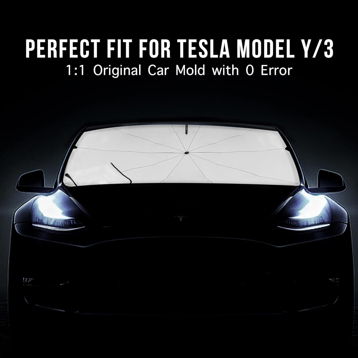 Otrifowd Tesla Model Y & Tesla Model 3 Windshield Sun Shade Umbrella, Retractable Sunshades for Front Window Block UV Rays Heat Keep Cool Protect Interior Easy Installation and Storage