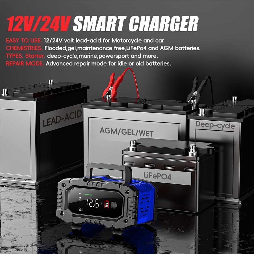 IRICO Multi-Stage Smart Battery Charger for Lithium-ion, LifePo4, AGM, Gel, SLA, Wet, EFB, Deep Cycle Batteries, with Repair Feature. Charge at 12V, 20A or 24V 10A
