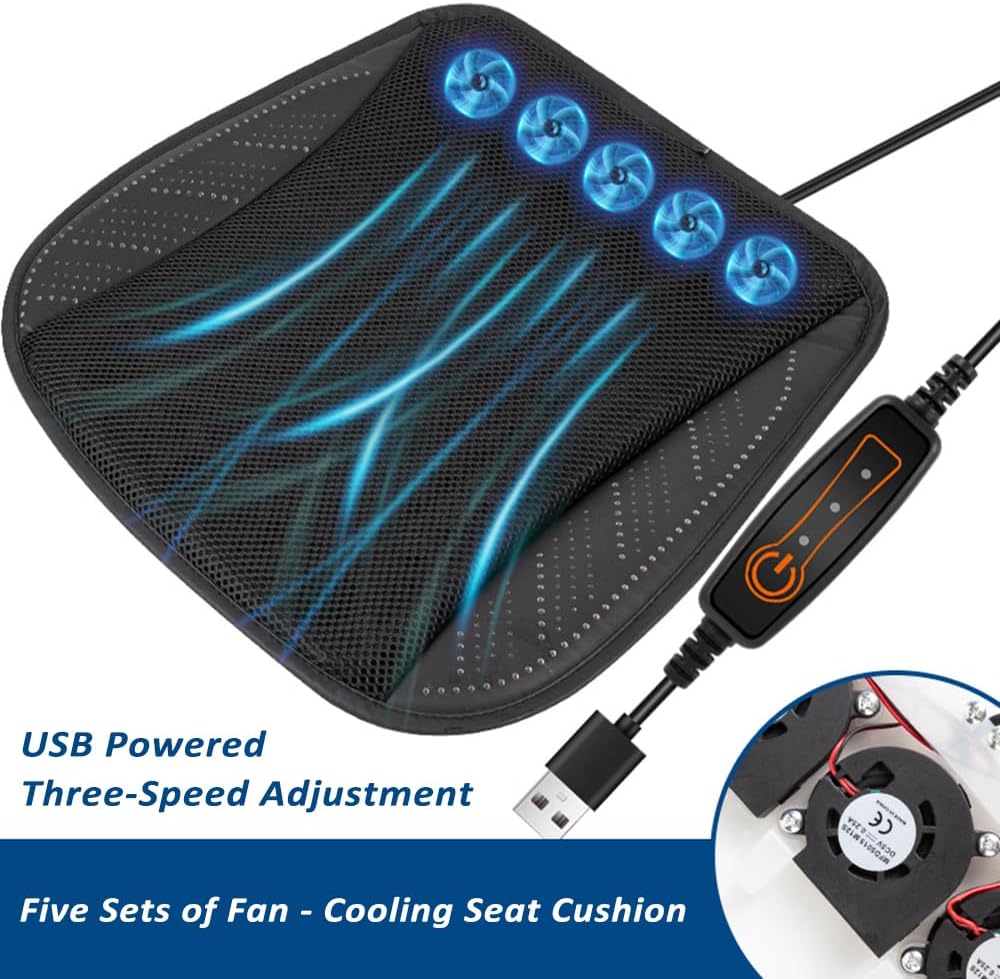 Shkalacar USB Cooling Seat Cushion, Breathable and Ventilated Car Seat Cushion, Car Seat Cooling Pad Summer Ventilated Seat Cushion Breathable Cooling Pad for All Car Seats, Home and Office Chairs