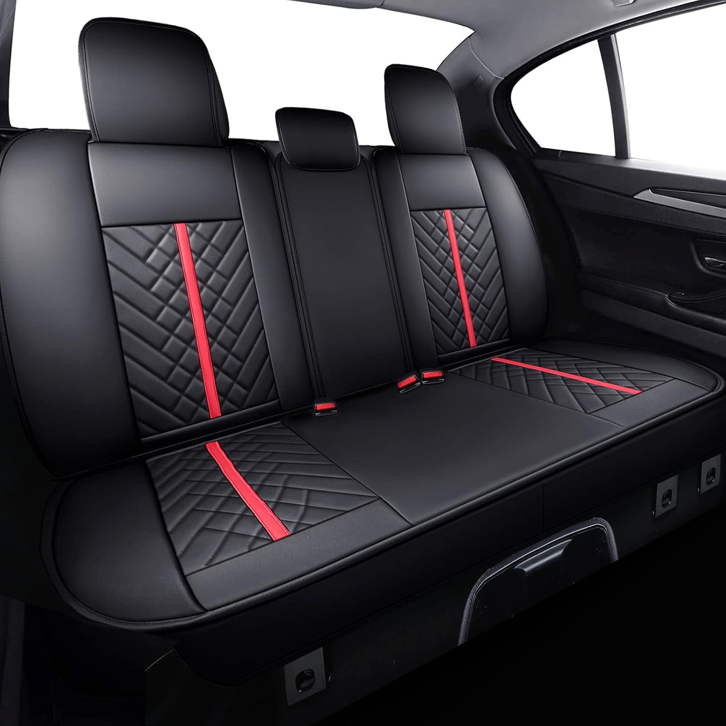 Tomatoman Toyota Tacoma Rear Seat Covers 2005-2024 2025 TRD Sport Off Road Limited SR5 V6 Crew Double Extended Cab Truck Airbag Compatible Back Car Cushions with Faux Leather(Rear Seat/Black-Red)