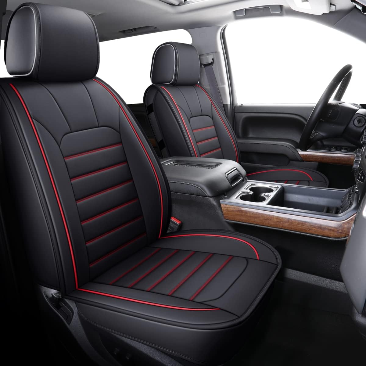 LUCKYMAN CLUB Bench Silverado Seat Covers Fit for 2007-2025Sierra Chevy Silverado 1500 2500 3500 Crew,Double,Extended Cab with Water Proof Faux Leather (Black & Red Rear Covers)