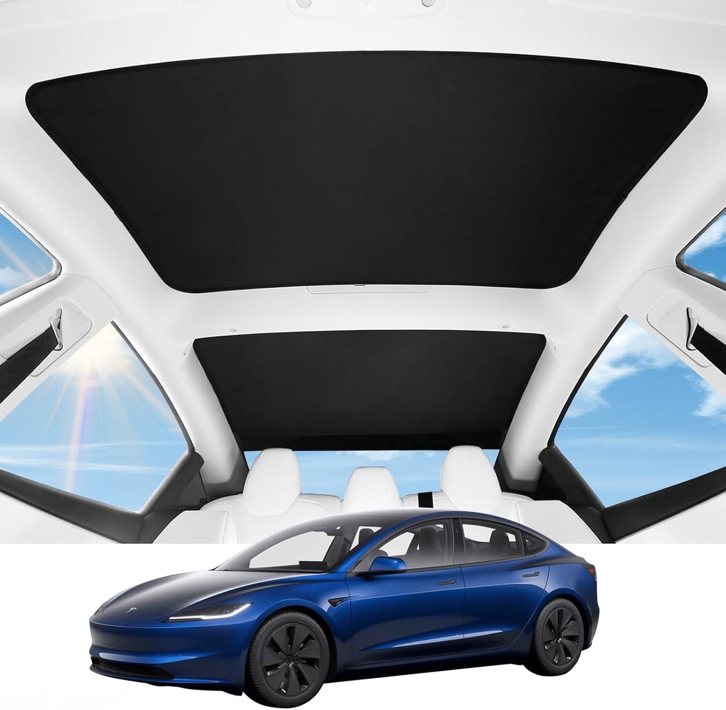 2024 Model 3 Sunshade Roof, Patent Magnetic Seamless Design for Tesla Model 3 Sunshade Accessories with No Gaps at All, Heat Insulating Sun Shade, with Storage Bag,Black