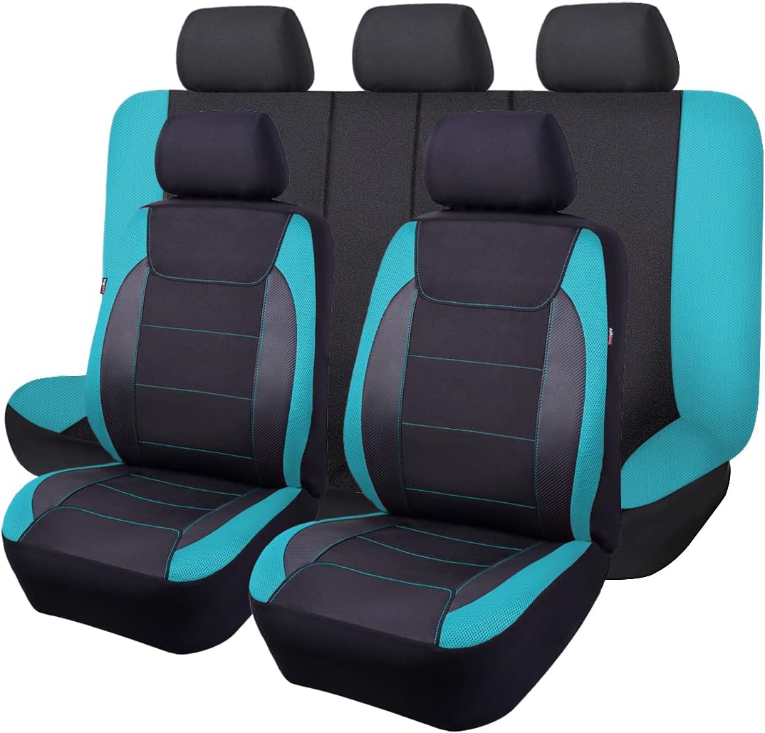 Flying Banner car seat Covers Quality Carbon Fiber Air Mesh Fabric Sport Low High Back Bucket Back Pocket Arm Rest (2 Fronts - High Bucket, Blue)