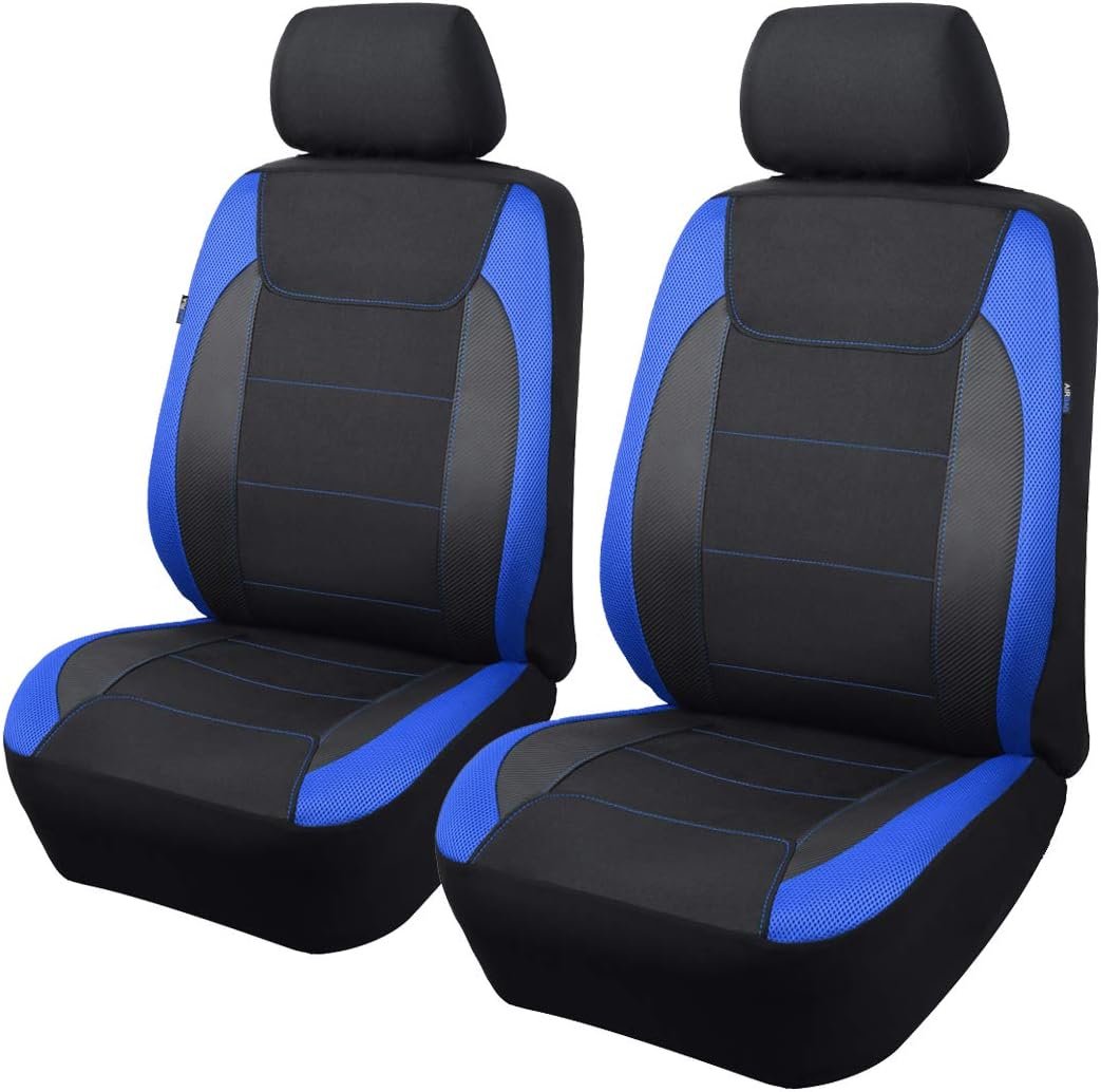 Flying Banner car seat Covers Quality Carbon Fiber Air Mesh Fabric Sport Low High Back Bucket Back Pocket Arm Rest (2 Fronts - High Bucket, Blue)