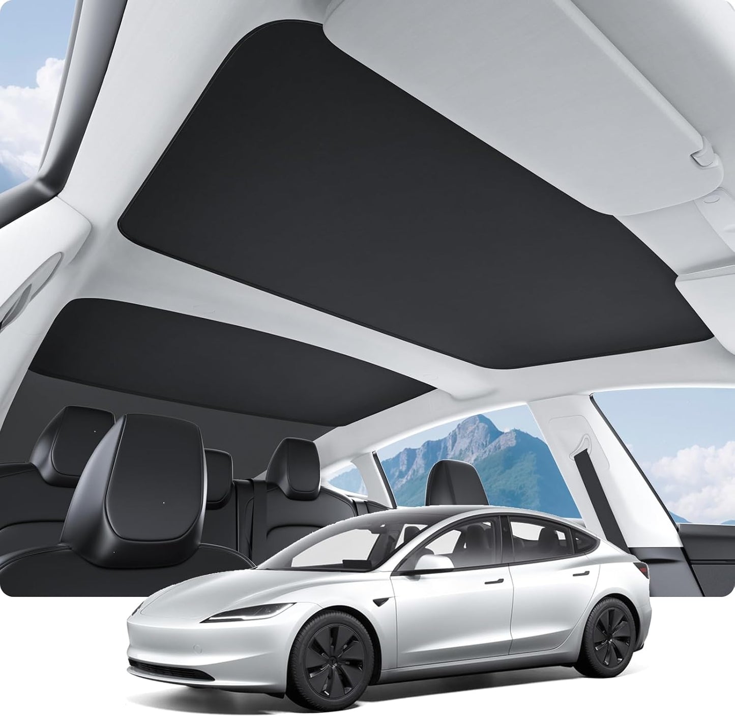 BASENOR 2024 Upgraded Tesla Model Y Glass Roof Sunshade with Storage Bag Sunroof Blocking Heat Cover Top Window Sun Protection for Model Y Interior Accessories 2020-2024 Black (No Sag)