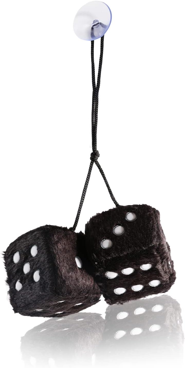 Giveme5 3 inch Pair of Retro Square Mirror Hanging Couple Fuzzy Plush Dice with Dots For Car Interior Ornament Decoration (Yellow)
