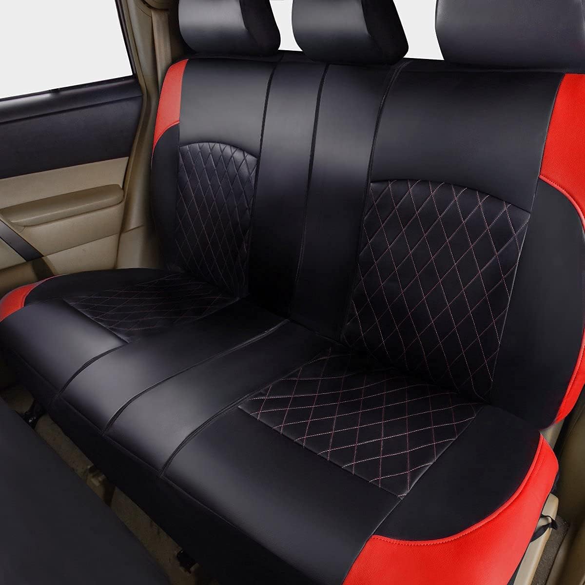 Horse Kingdom Universal Deluxe Pu Luxury Vinyl Car Seat Covers Full Set, Airbag Compatible, Breathable, Fit for Cars, Trucks, SUVs(Black with Red)