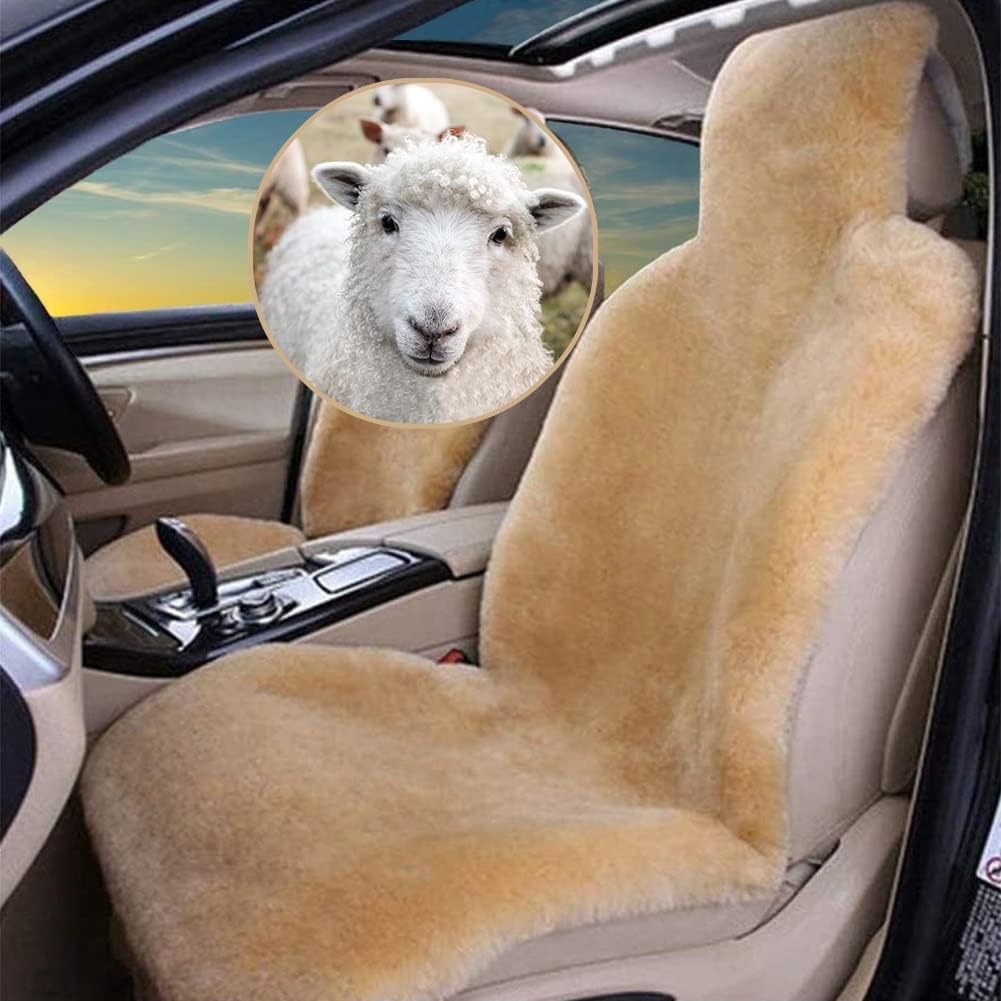 Altlue Real Sheepskin Seat Covers for Cars, SUV, Trucks, Van, RV - Front Seats Auto Covers, Fuzzy Fleece Fur, Universal Black (1 Piece)