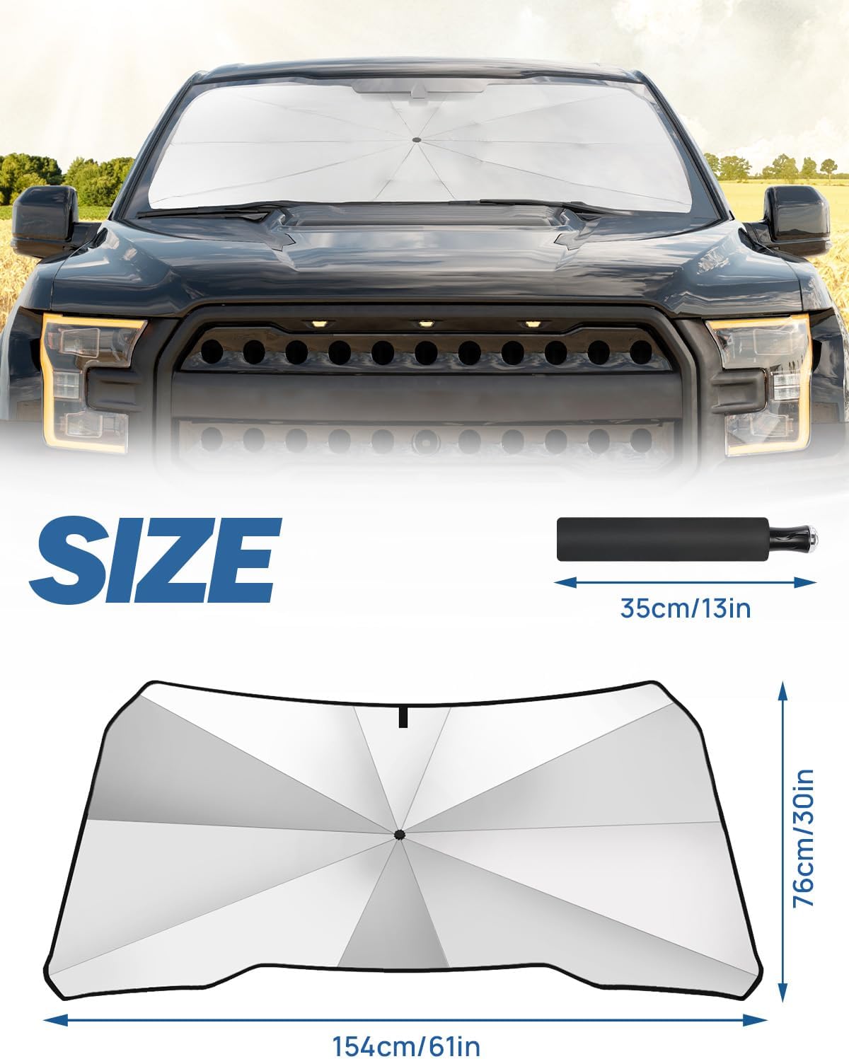 JOYTUTUS Windshield Sun Shade Umbrella Fit for F150, for Full-Size Pickup Truck, Front Window Sun Shade with 360° Rotation Bendable Shaft, Titanium Silver Coating for UV Block, with Car Safety Hammer