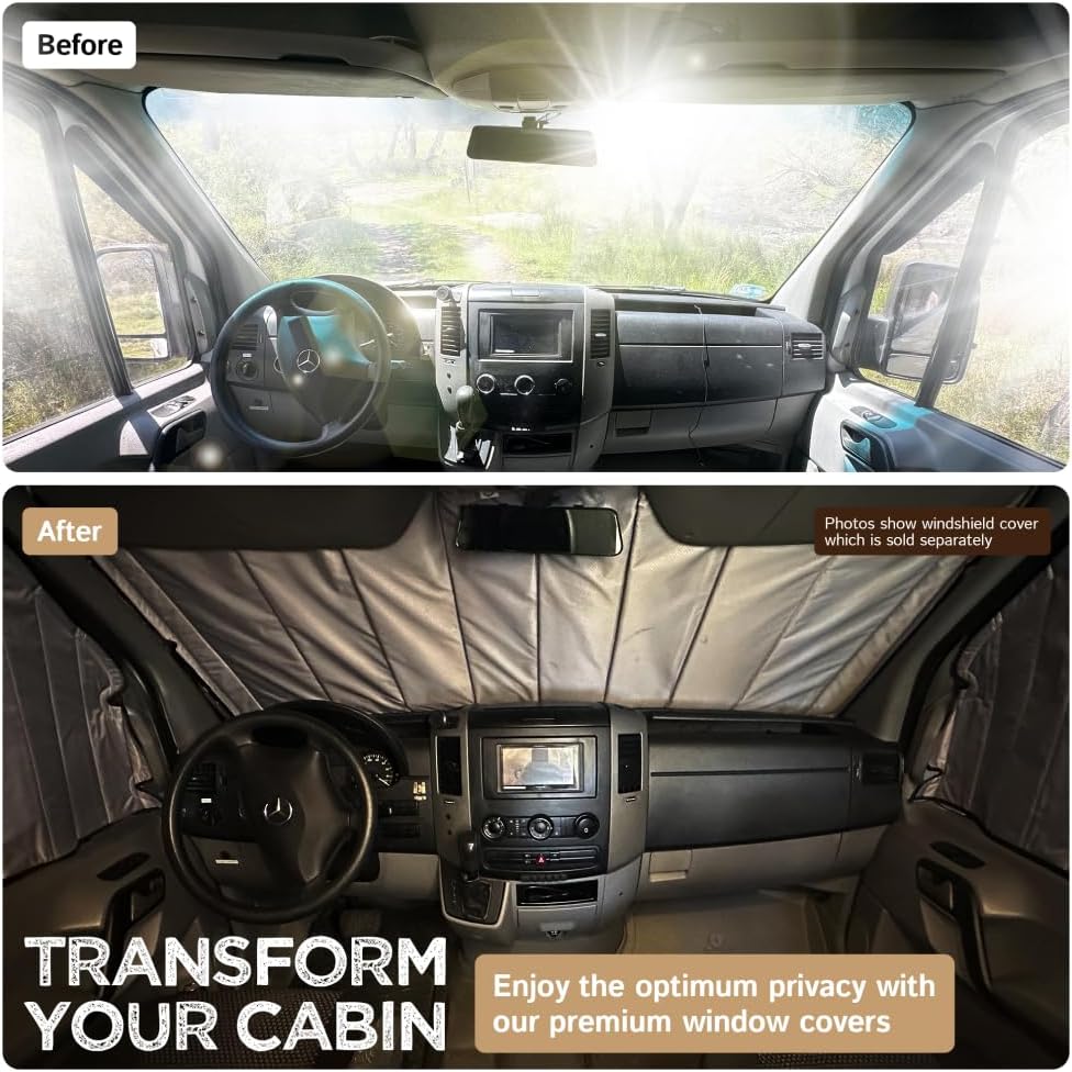 Living in a Bubble Insulated Blackout Front Window Covers for Mercedes Benz Sprinter 2007-2018 (NCV3), Campervan Accessories, Vanlife Must Have Sun Shades and Van Life Essentials (Pair)