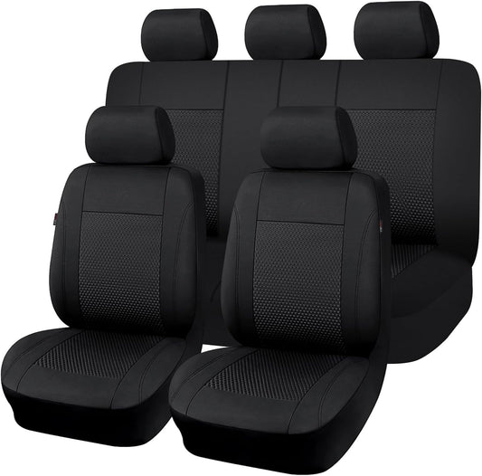Flying Banner car seat Covers Full Set Velvet Cubic Heat Stamp Massage Breathable Rear Bench Split Black Gray Beige tan 40/60 50/50 60/40 (Full Set - Low Back, Black)