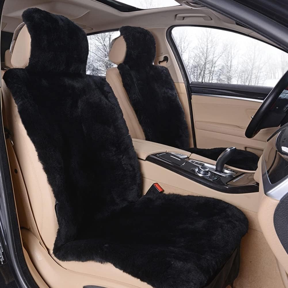Altlue Real Genuine Sheepskin Seat Covers for Cars SUV Trucks Van RV Front Seats Sheepskin Car Seat Covers Sheepskin Auto Seat Covers Fuzzy Fleece Fur Car Seat Covers Universal Black (1 Piece)