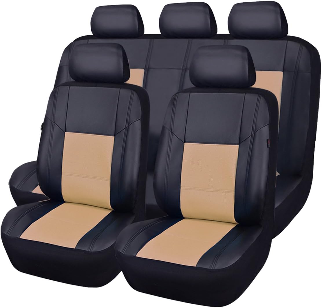 CAR PASS Luxurious PU Leather Automotive Universal Seat Covers Full Set for Vehicles,Cars,SUV,with Super 5mm Composite Sponge Inside,Airbag Compatible (Black and Black)