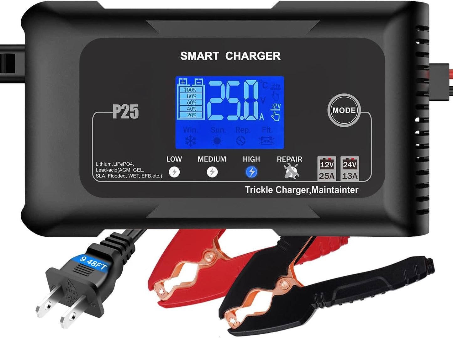 20-Amp Smart Battery Charger,12V/20A and 24V/10A.Lithium,Lifepo4,Lead-Acid(AGM/Gel/SLA..) Car Battery Charger,Trickle Charger, Maintainer/Pulse Repair Charger,for Car,Boat,Motorcycle, Lawn Mower