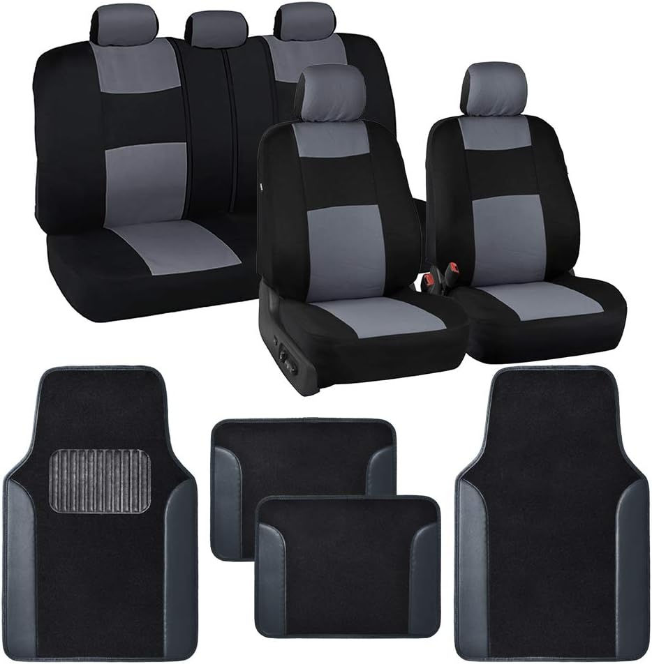 BDK PolyPro Black Car Seat Covers Full Set with Matching Carpet Floor Mats - Automotive Seat Covers for Cars Trucks SUV - Includes Split Bench Rear Seat Cover - Interior Car Accessories