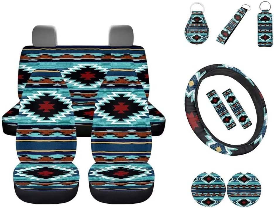 Wideasale Blue Camo Oak Hunting 12Pc Car Seat Covers Full Set/Steering Wheel Covers/Seat Belt Pads/Key Chain/Coaster/Lipstick Holder Universal Auto Accessories Interior Protector Universal Fit