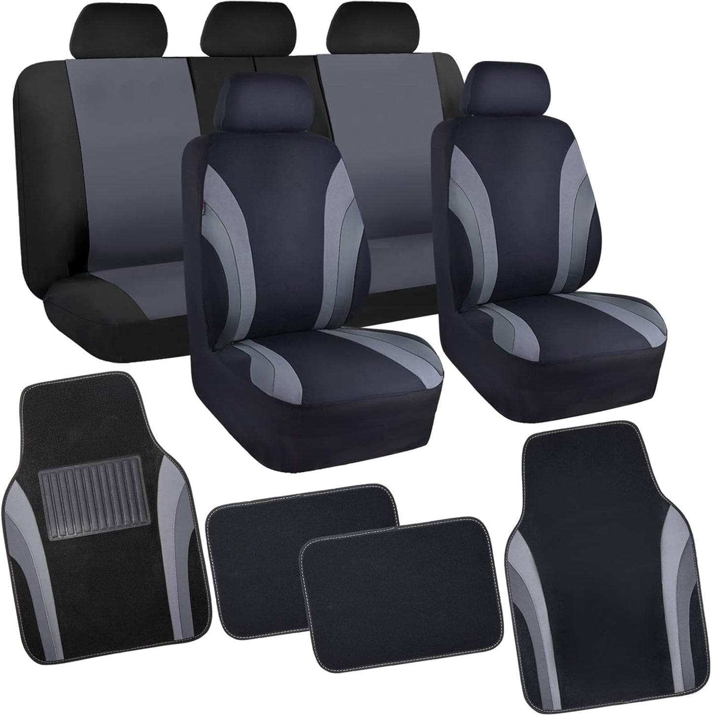 CAR PASS Line Rider Sporty Car Seat Covers Full Set with 4Pcs Waterproof Car Floor Mats Universal Fit Airbag Compatible Automotive Interior Covers for Trucks,Vans,SUV (Combo Set, Black & Purple)