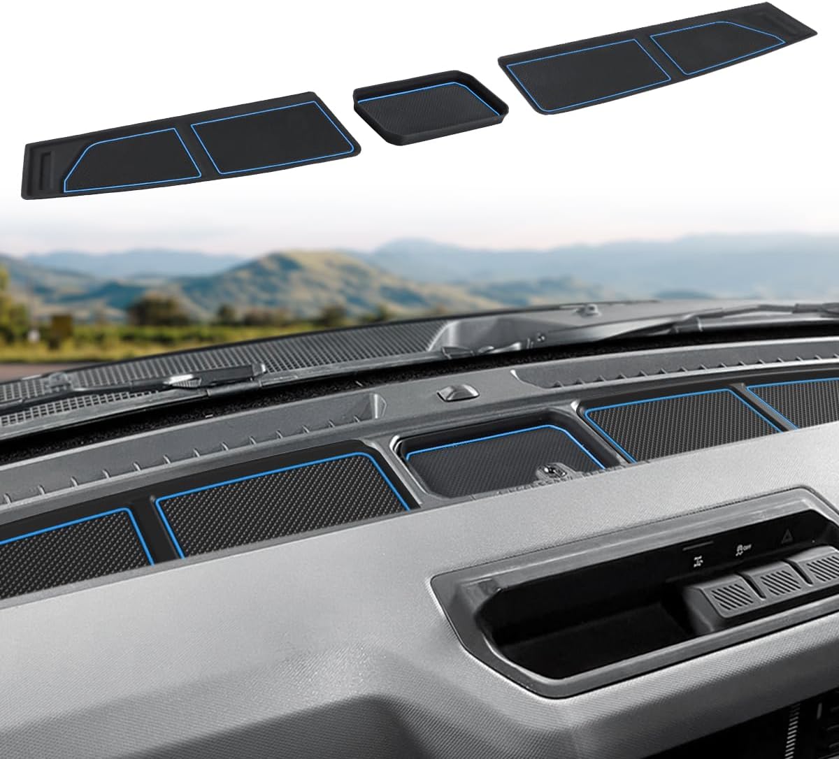 Auovo Dash Cover Tray Compatible with Ford Bronco Accessories 2021 2022 2023 2024 2025 Anti-Slip Silicone Dashboard Compartments Mat fit Bronco 2/4-Door Interior Dash Pad Liners 3-pc Set (Black Trim)