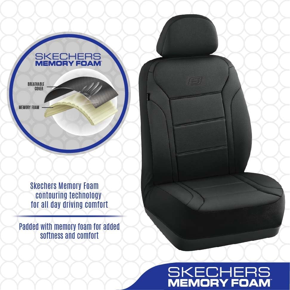 Skechers Memory Foam Car Seat Covers, Slip-ins Lycra Thick Seat Cover,Front Seat Covers Airbag Compatible, Automotive Comfort Protection for Most Cars,Trucks, SUVs, Black