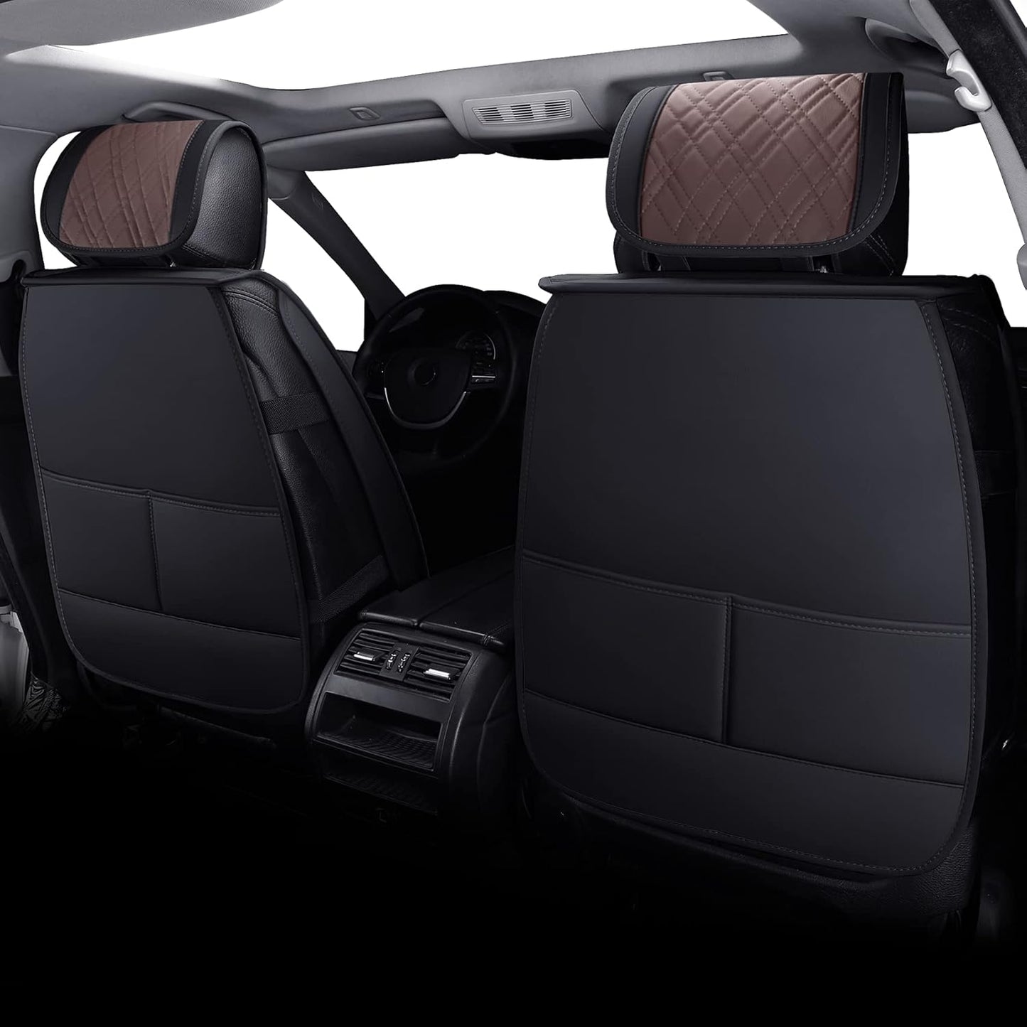 YIERTAI Universal Car Seat Covers Compatible with Toyota Corolla Highlander Honda Civic Odyssey Hybrid Ford Ranger Nissan Rogue Altima Waterproof Leather(2 PCS Front/Black-Brown)