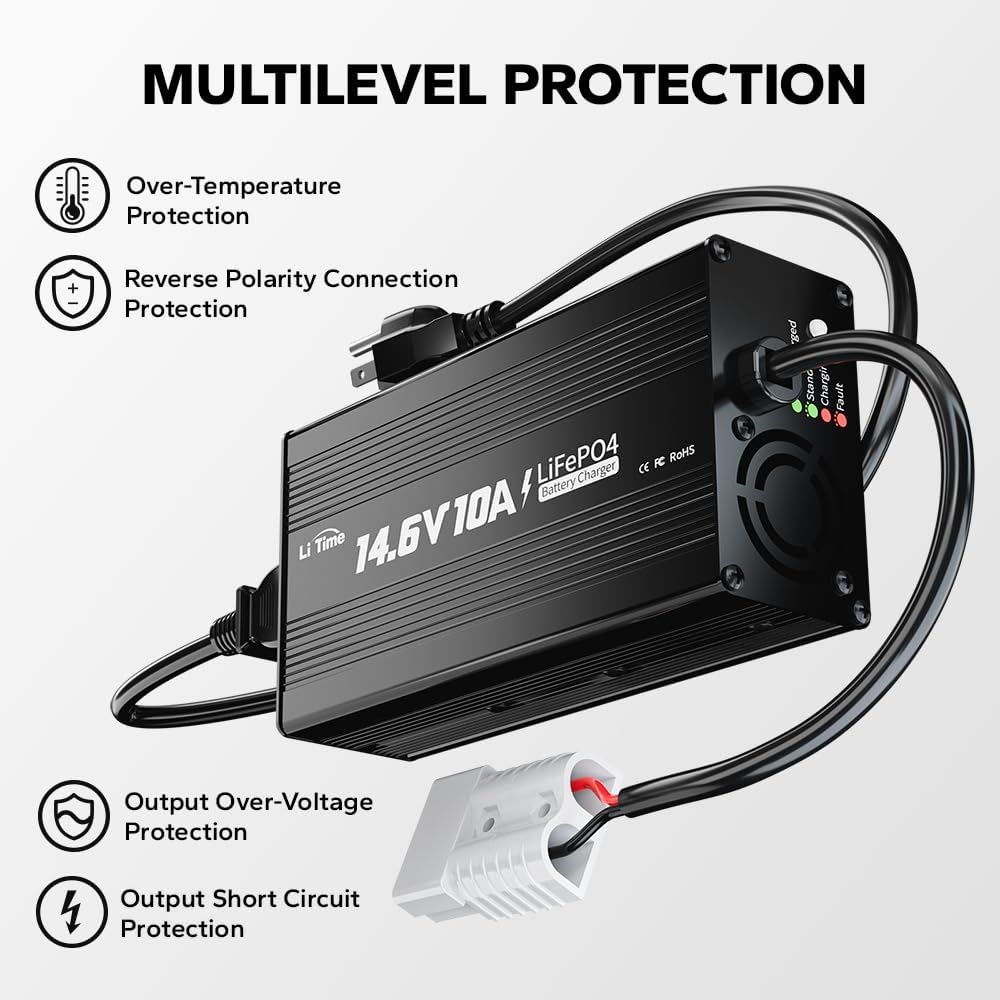 LiTime 12V 10A Battery Charger 14.6V AC-DC LiFePO4 Lithium Battery Charger with Anderson Connector LED Indicator Charger Special for Deep Cycle Rechargeable Batteries of Car, Truck, Boat, RV