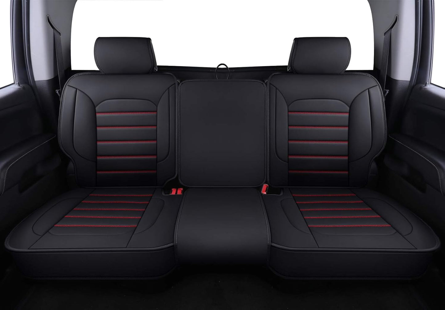 LUCKYMAN CLUB Bench Silverado Seat Covers Fit for 2007-2025Sierra Chevy Silverado 1500 2500 3500 Crew,Double,Extended Cab with Water Proof Faux Leather (Black & Red Rear Covers)
