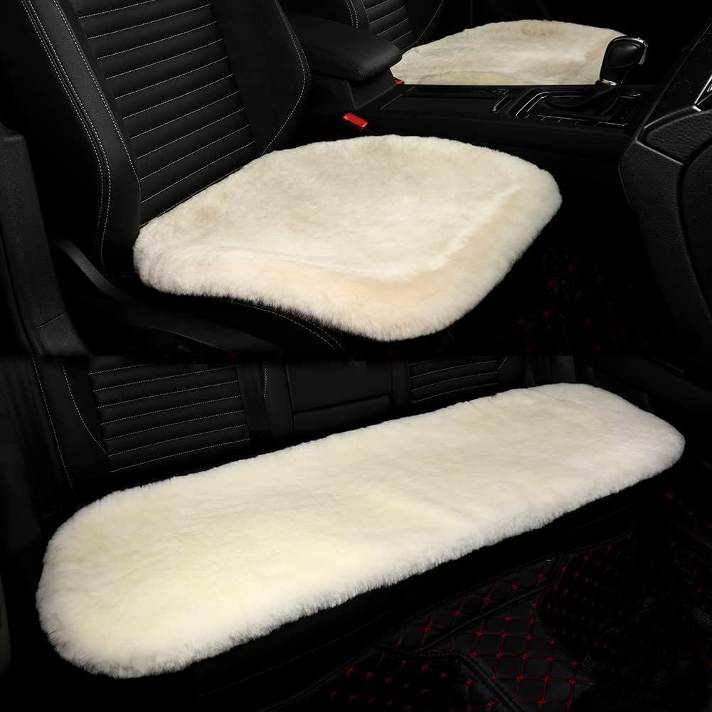 LLB Genuine Sheepskin Car Seat Cushion, Comfort Auto Seat Pad, Warm Real Wool Car Mat with Non-Slip Backing Universal Fit, 19.2 x 19.2 Inches (Pearl, 2 Front Seat Cushions & Bench Seat Cushion-3 Pcs)