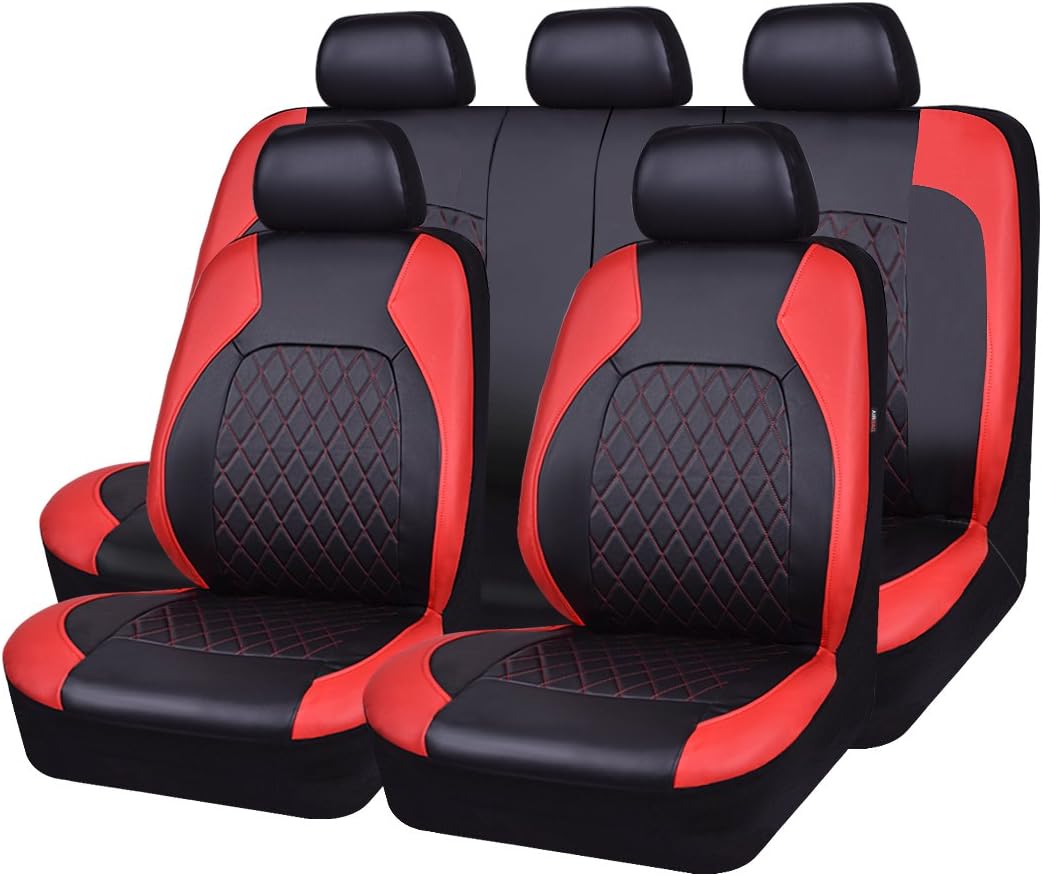 Horse Kingdom Universal Deluxe Pu Luxury Vinyl Car Seat Covers Full Set, Airbag Compatible, Breathable, Fit for Cars, Trucks, SUVs(Black with Red)