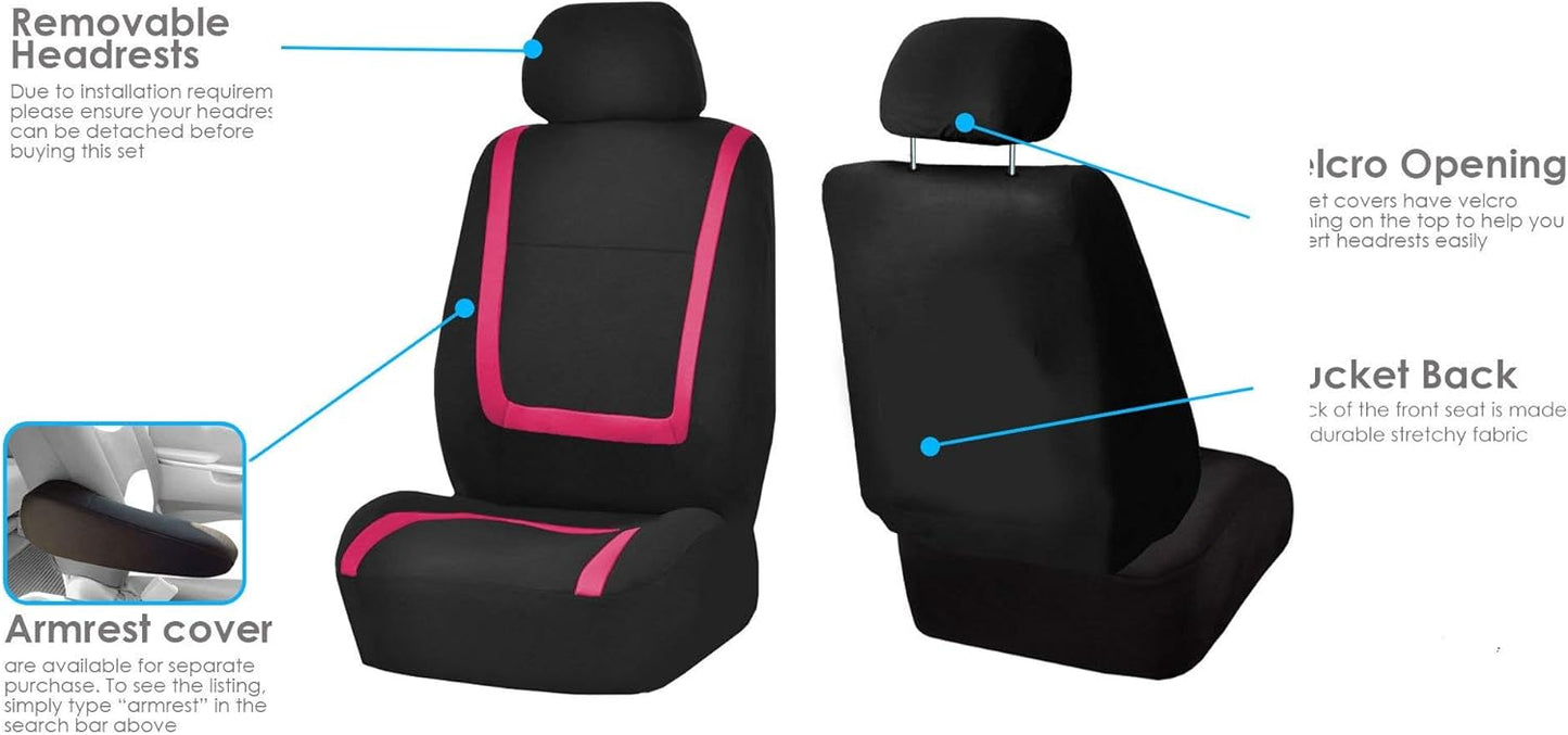 FH Group Unique Flat Cloth Full Set Car Seat Covers w. Silicone Steering Wheel Cover- Universal Fit for Most Cars, Trucks, SUVs or Vans (Pink/Black)